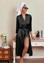 Women's Satin Robe Belted Elegant Solid Color Silky Comfort Bathrobe Loungewear