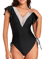 2026 Crochet Drawstring One Piece Swimsuit Women Sexy Ruffle Swimwear Female Solid Bathers Bathing Swimming Swim Suit Beachwear