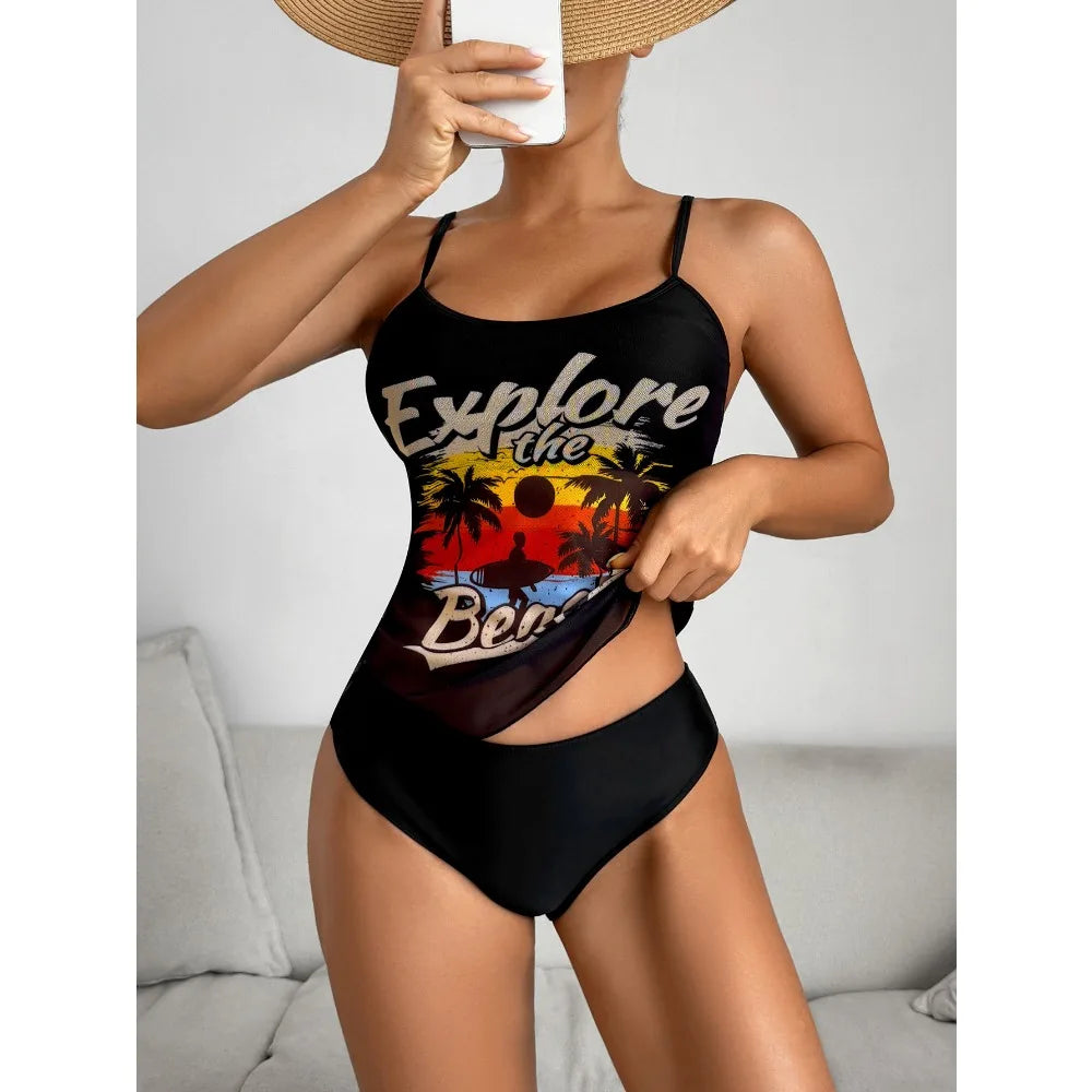 Summer Swimwear for Women Tankini Sets Swimsuit Vintage Padded Mesh Bathing Suit Print Beachwear Female Women's Swim Wear 2025