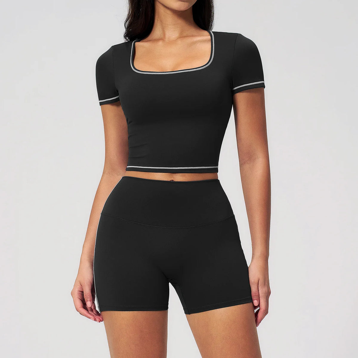 Speed Drying Tight Yoga Sets Women Color Contrast Short Sleeve Slim Sports Top High Waist Leggings Running Fitness Athletic Wear