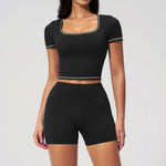 Speed Drying Tight Yoga Sets Women Color Contrast Short Sleeve Slim Sports Top High Waist Leggings Running Fitness Athletic Wear