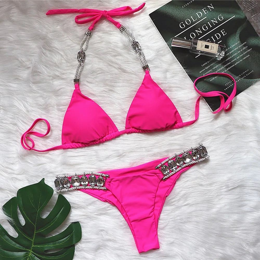 DEKA Women Brazilian Diamond Bikini Set Rhinestones Halter Swimwear Female Swimsuit Two-pieces Bikini Bather Bathing Suit Swim