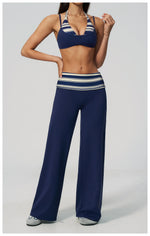 Fake Two-piece Sports Bra Yoga Sets Women Coffee Striped Patchwork Folding High Waist Wide Leg Pants Gym Running Fitness Suits