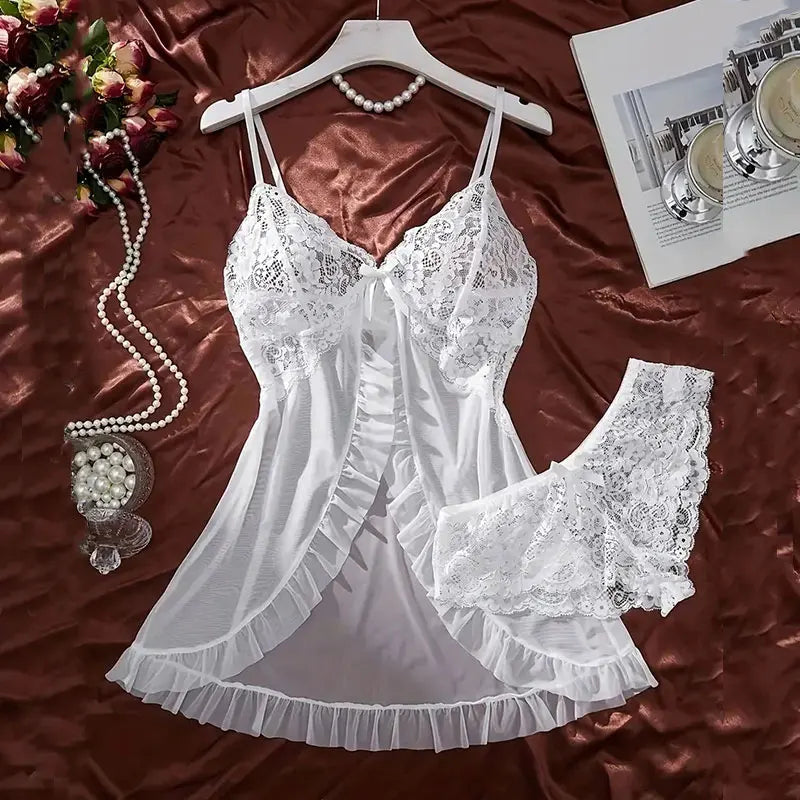 Sexy Contrast Lace and Mesh Ruffle Babydoll Dress Woman Sexy Nightgown V-neck Open Bra Sleep Skirt Nighties