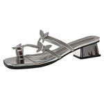 2025 Fashion Silver Crystal Sandals Women Rhinestone Butterfly Thick Heel Sandles Woman Summer Med Heeled Party Shoes Female