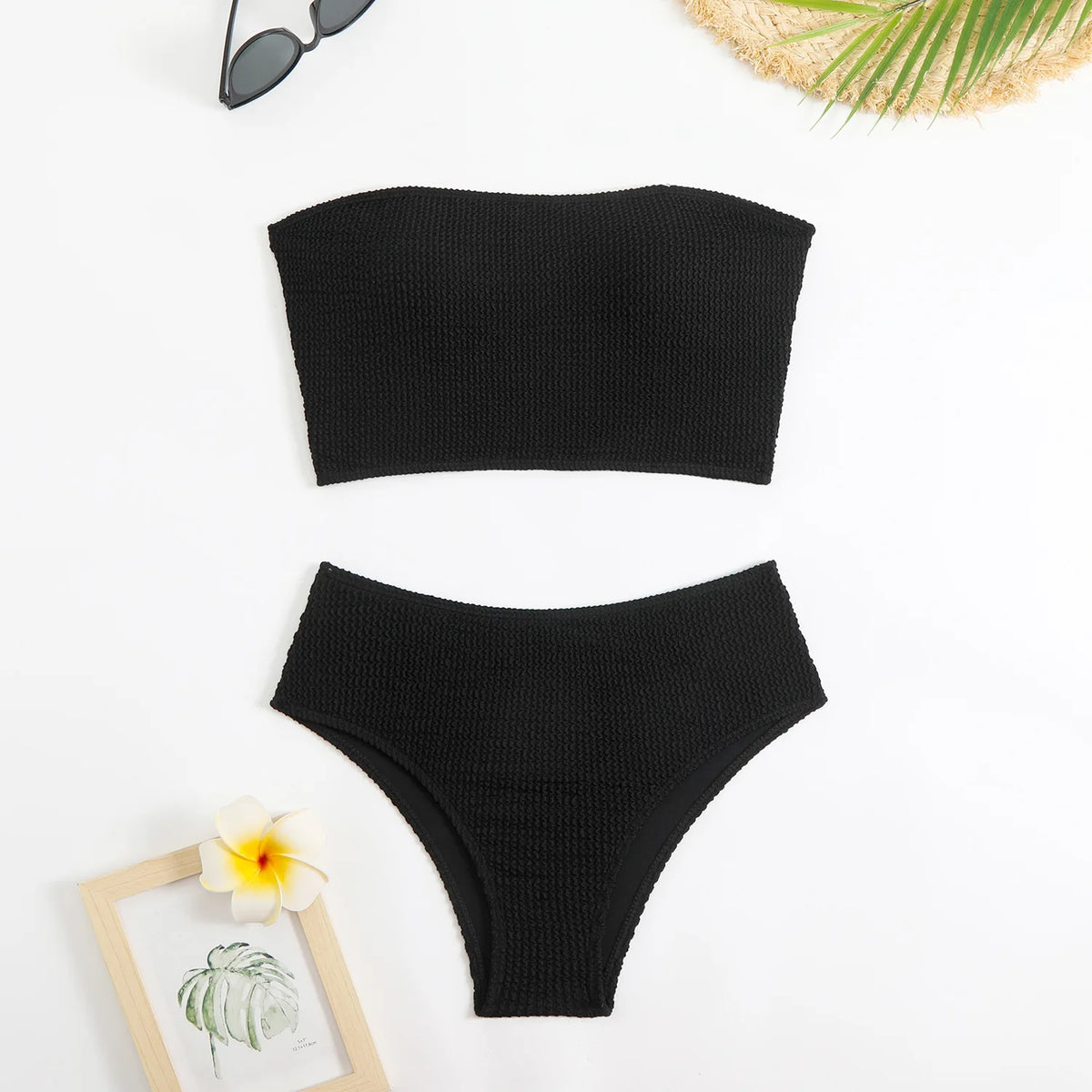 sexy ribbed bandeau bikinis sets two pieces women plain thong high waist swimsuits female bathing suit swimwear tankini biquini