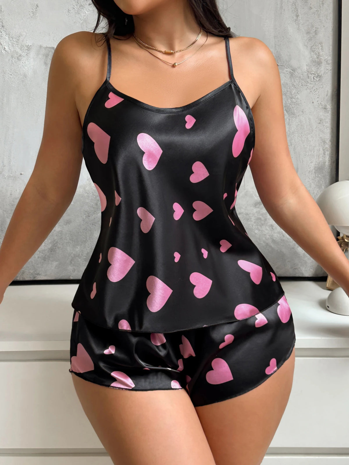 Summer Women Heart Print Satin Pajama Set Halter Round Neck Camisole Top Short Pants 2 Piece Casual Comfortable Ladies Sleepwear