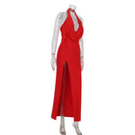 Ahagaga Fashion Sexy Women's Party Dresses Solid Swinging Collar High Split Sleeveless Maxi Slim Folds Blackless Vestidos Robes