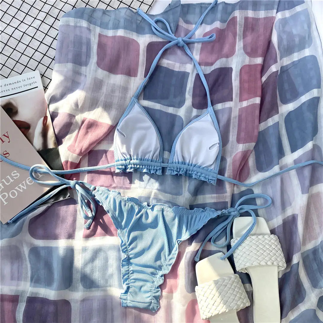 Ruffled Frilled Brazilian Bikini Women Swimwear Two-Pieces Bikini Set Female Swimsuit Halter Bather Bathing Suit Swim Lady V2817