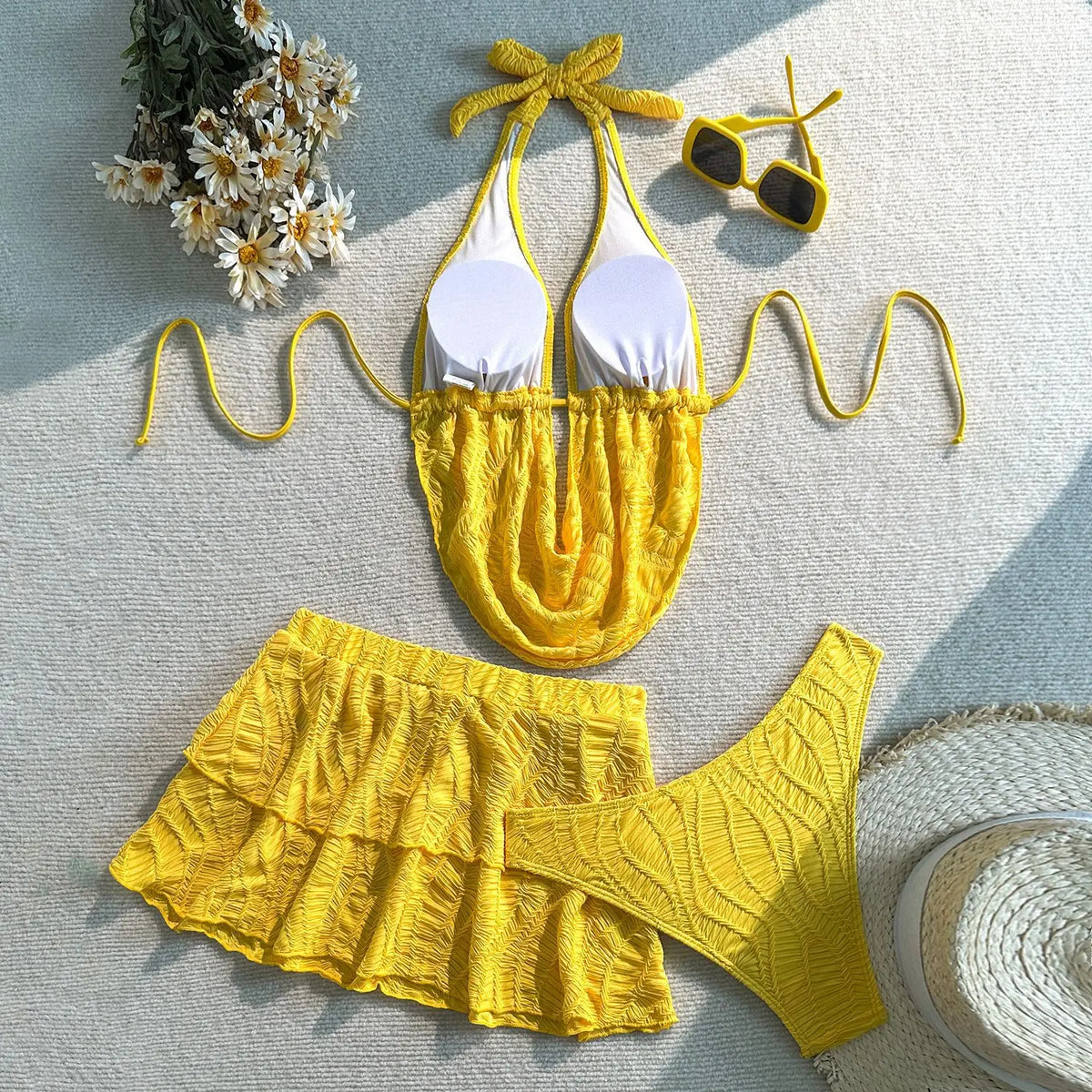 3PC with Skirt Wrinkled Halter Tankini Bikini Women Swimwear Female Swimsuit Three-pieces Bikini Set Bathing Suit Swim Beachwear