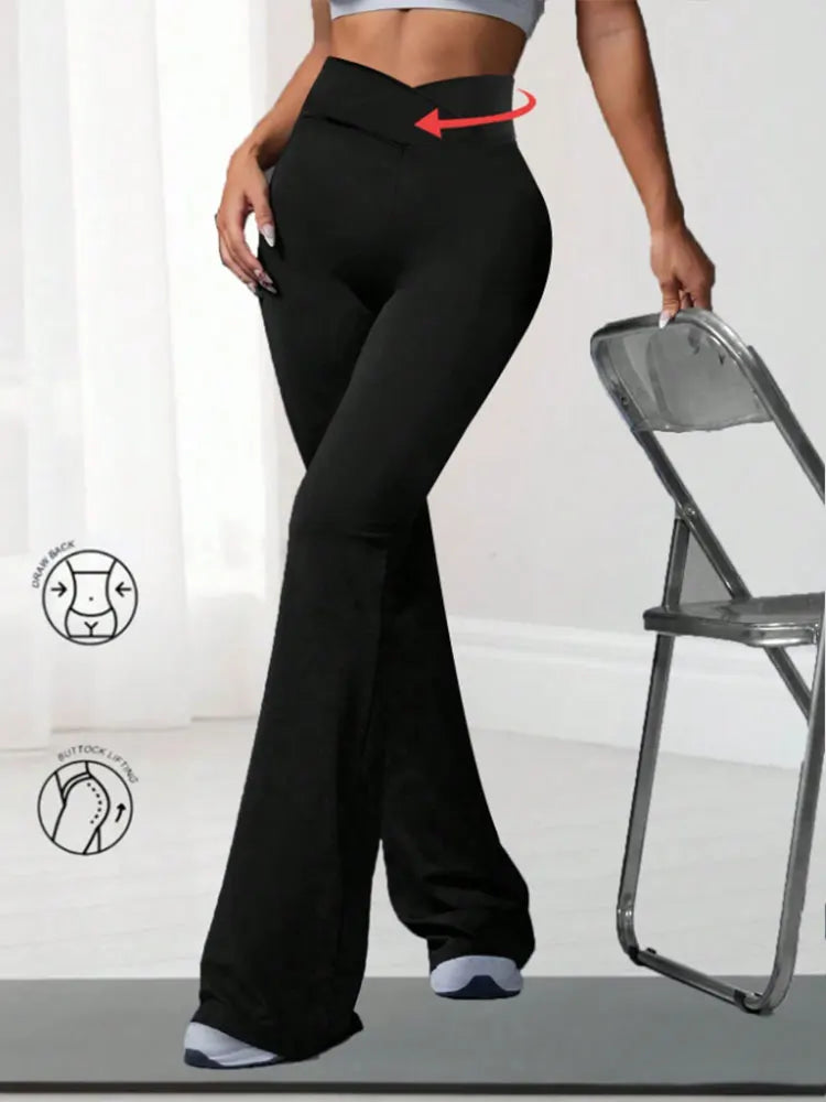 Criss Cross Stretch Flare Pants Minimalist High Waist Commute Yoga Trousers Sexy Casual Sports Leggings For Womens Slim Figures