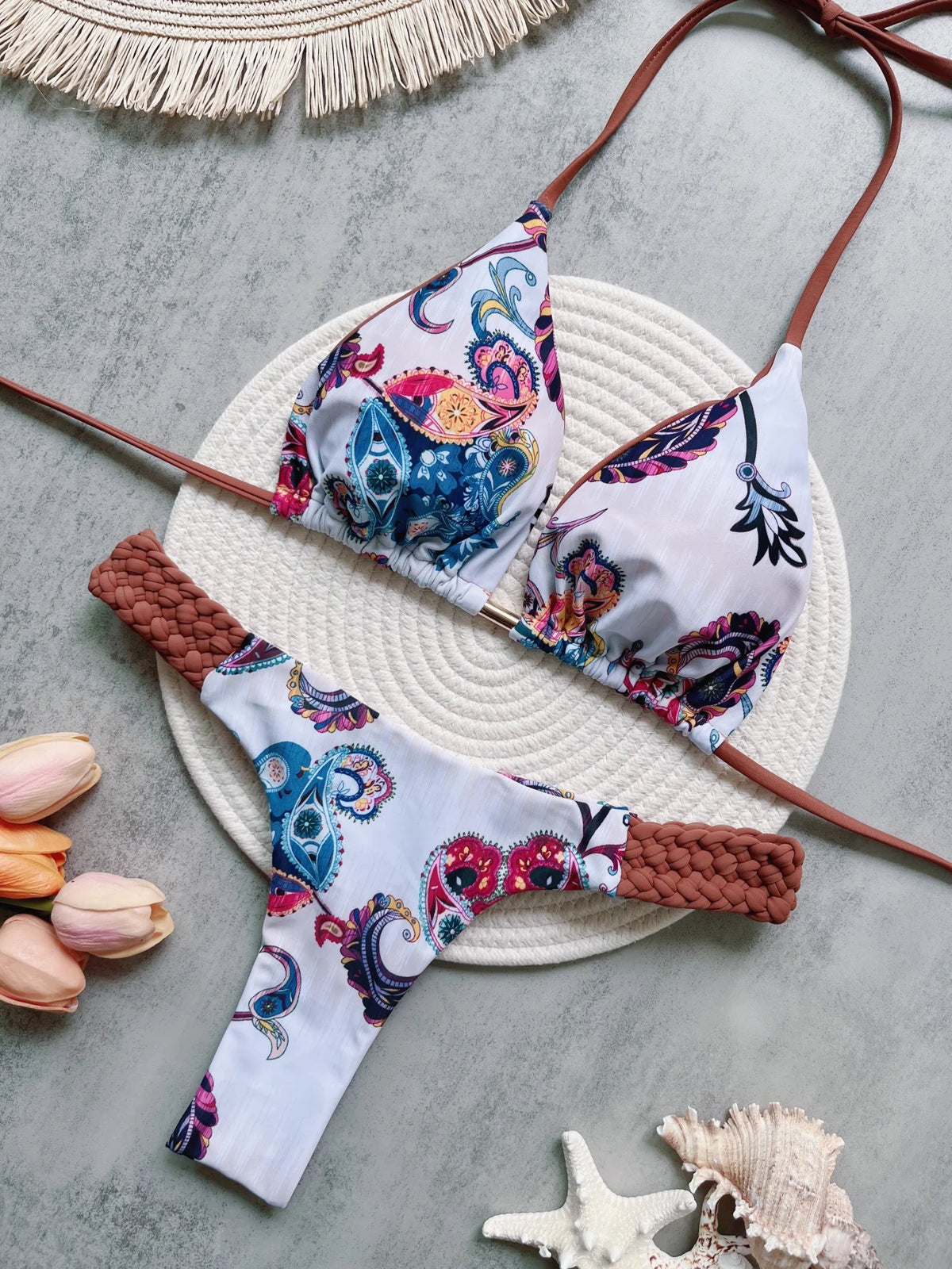 Fashion Print Halter Mini Thong High Cut Bikini Female Swimsuit Women Swimwear Two-pieces Bikini Set Bather Bathing Suit Swim