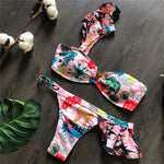 Flower Printed One Shoulder Bikini Women Swimwear Female Swimsuit Frilled Bather Bathing Suit Swim Two-pieces Bikini set K8049