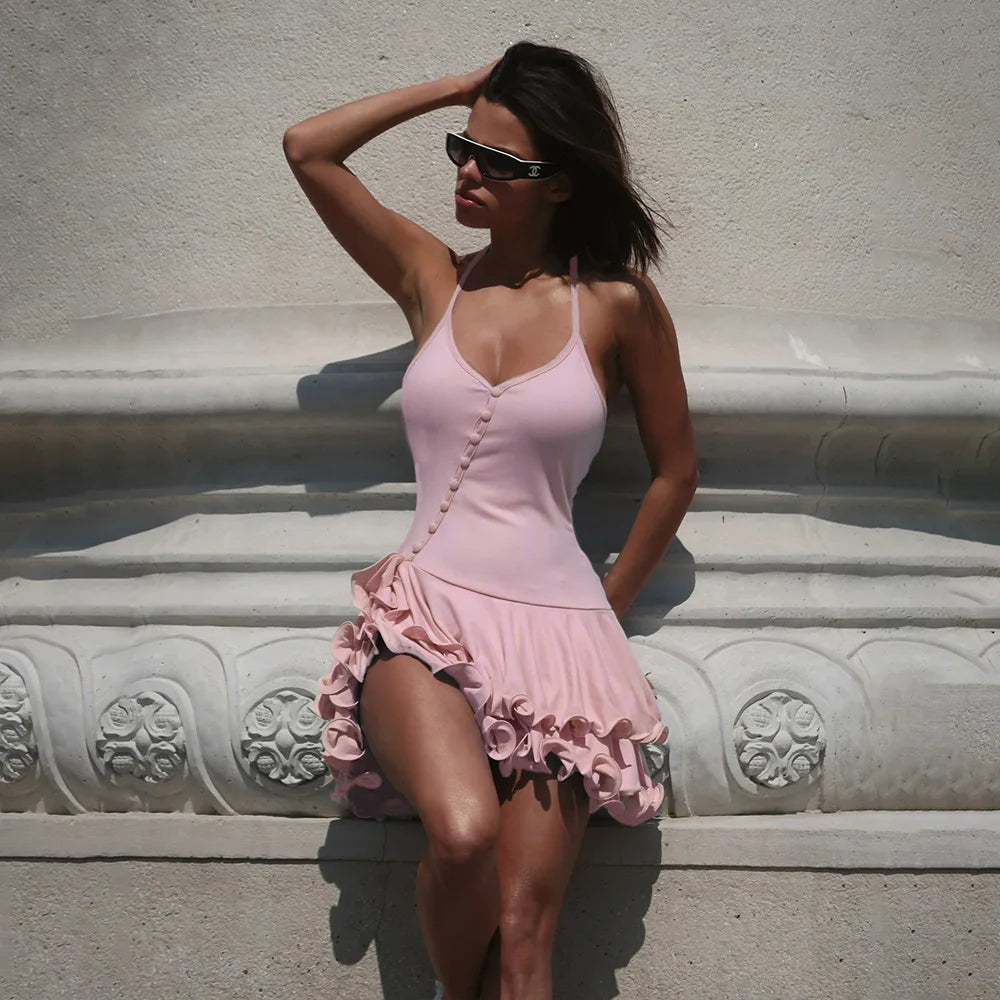 Hot Girl Slim Halter Neck Mini Dress Solid Color V-neck Single-breasted Layered Ruffles Bodycon Short Dresses Fashion Female New