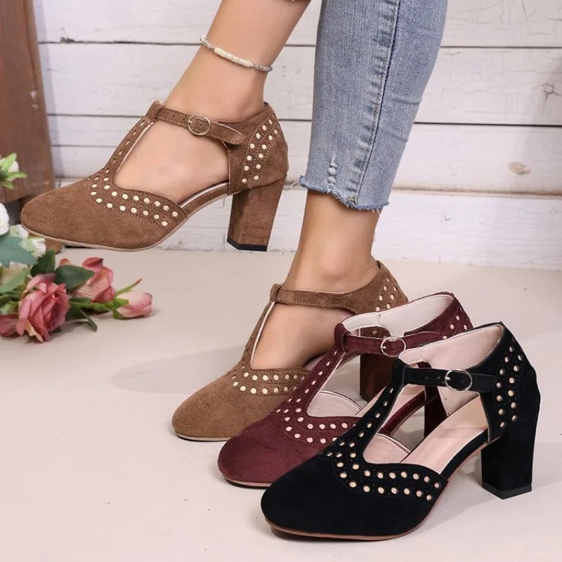 2026Women Sandals FashionRound Toe Hollow Thick Heel Sandals Casual Summer Shoes