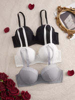 3Pcs Plus Size Women's Bras Lace Trim B C D E Thin Cup Ribbed Push up Bra Underwire Side Support Soft Women's Underwear Set