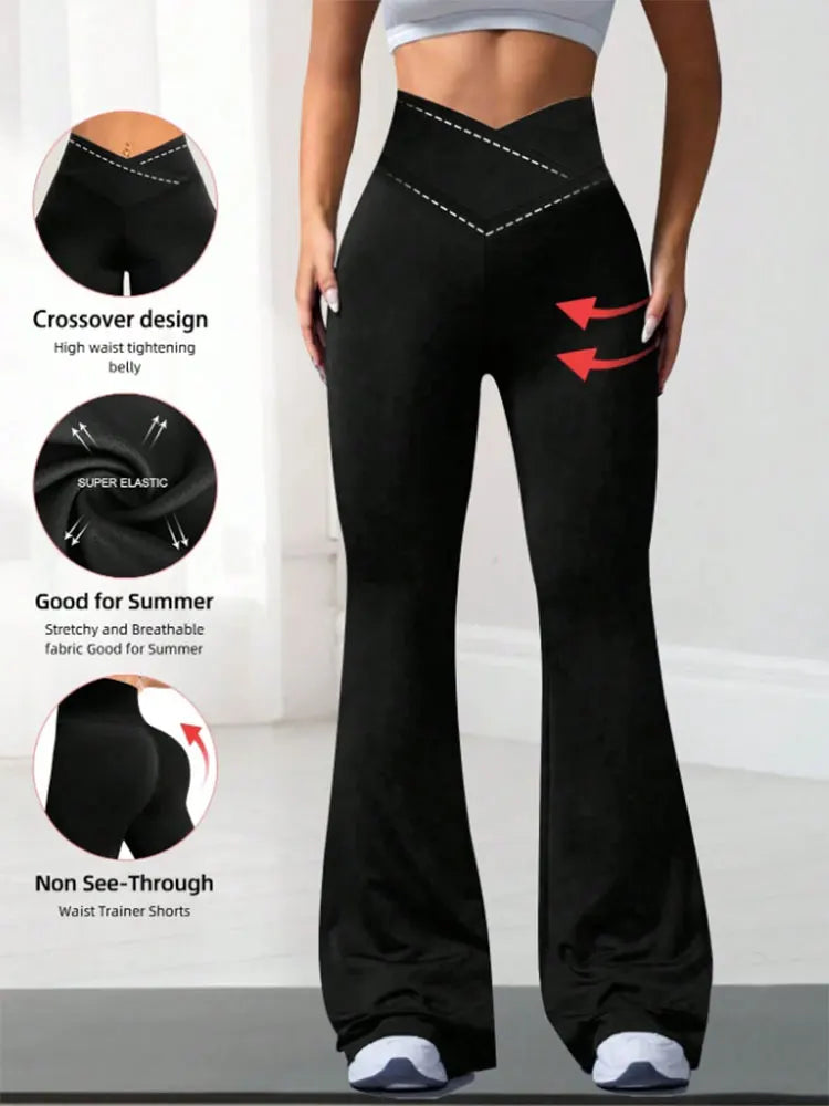 Criss Cross Stretch Flare Pants Minimalist High Waist Commute Yoga Trousers Sexy Casual Sports Leggings For Womens Slim Figures