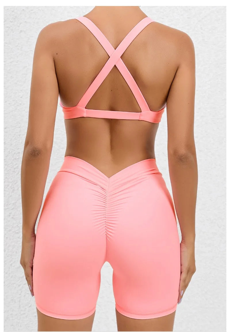 Seamless Yoga Fitness Sets Women High Waist Hip-Lifting Shorts & Sports Bra Workout for Running Gym