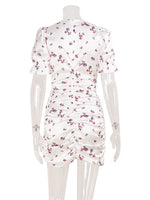 Ahagaga Elegant Women's Mini Dresses Short Puff Sleeves Deep V-Neck Print Pleated Sheath Bodycon Sexy Floral Casual Vestidos