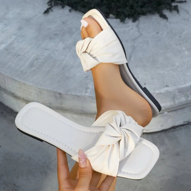 Sweet PU Bow Beachwear Flip Flops Soft Sole Anti Slip Clip Toe Flip Flops Sweet Shoes Flat Slippers