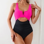 Sexy Hot Pink Contrast One Piece Swimsuit Women V Neck Hollow Out Pleate Tummy Control Swimwear 2024 Beach Bathing Suit Monokini