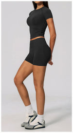 Seamless Yoga Sets Women Short Sleeve O Neck Slim Sports T Shirts Gym Outfits Abdominal Compression Shorts Running Fitness Suit