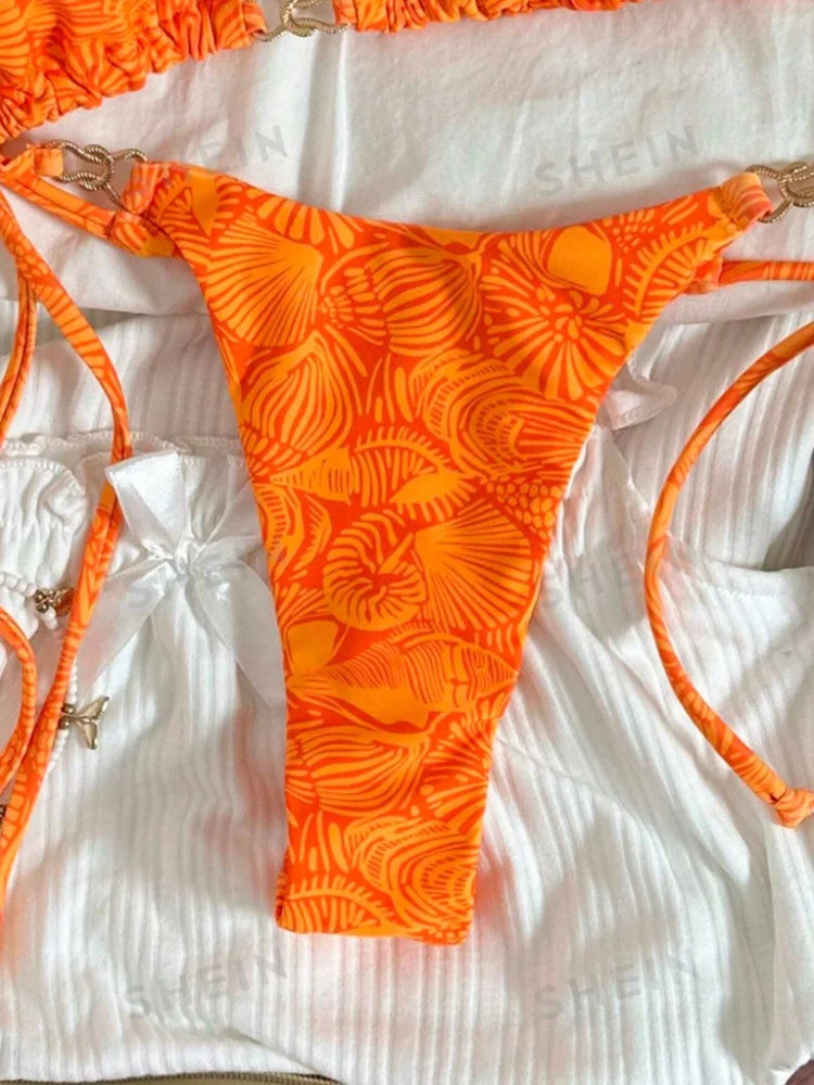 Sexy Orange Leaves Print Micro Bikini 2026 Women Summer Push Up Bra Tie Side Thong Swimsuit Summer Bathing Suit Holiday Swimwear