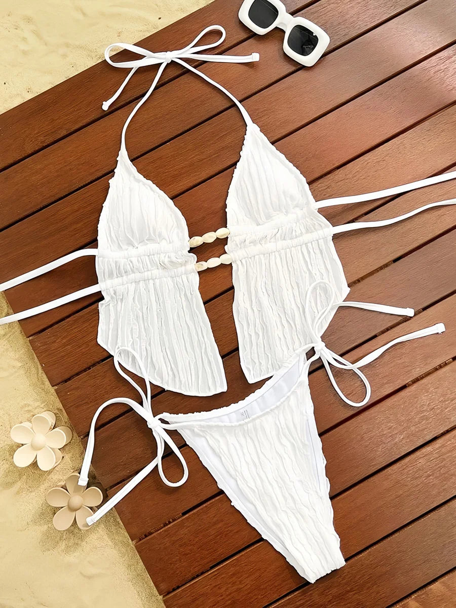 S - XL Wrinkled Tankini Halter Micro Bikini Women Swimwear Female Swimsuit Two-pieces Bikini Set High Cut Bathing Suit Swim Lady