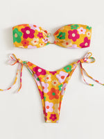 Sexy Bandeau Bikini 2025 Women Pink Floral Print Ring Circle Push Up Micro Swimsuit Off Shoulder Bathing Suit Thong Swimwear