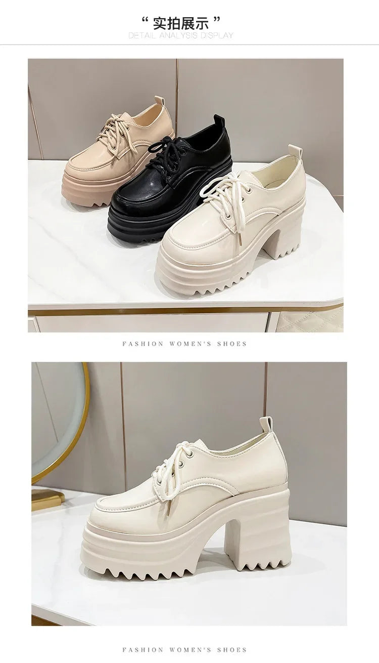 Spring Women Pumps Black Loafers Chunky 10CM High Heels High Platform British Autumn Ladies Thick Bottoms Shoes 2026 New