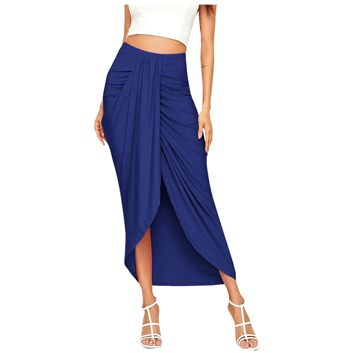 Women's High Waisted Ruched Maxi Skirt Pleated Solid Asymmetrical Split Hem Long Skirt Casual Draped Wrap Bodycon Summer Skirts