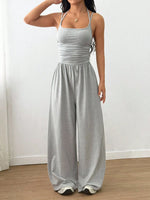 Women's Casual Solid Color Pleating Loose Straight Jumpsuit A-line Backless Halter Neck Slim Cami Jumpsuit Streetwear 2025