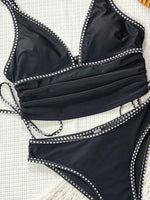 Sexy Balck Contrast Bikini Set 2026 Women V Neck Drawstring Side Top High Waist Swimsuit Summer Bathing Suit Two Piece Swimwear