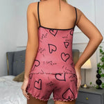 Summer Casual Pajamas Set for Women Sleepwear Red Heart Print Round Neck Ice Silk Top T-Shirt and Shorts Sets Loungewear