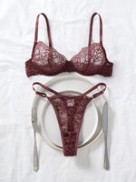 Deep Brown Lace Sexy Deep V Bra And G-string Transparent Hollow Design Women's Underwear Set Costume/Intimate Wear