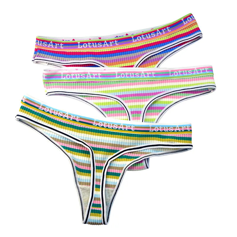 5Pcs/Set G-string Women Panties Female Low Waist Thongs Seamless Underwear Sexy Lingerie Rainbow Striped Cotton Underpants M-XL