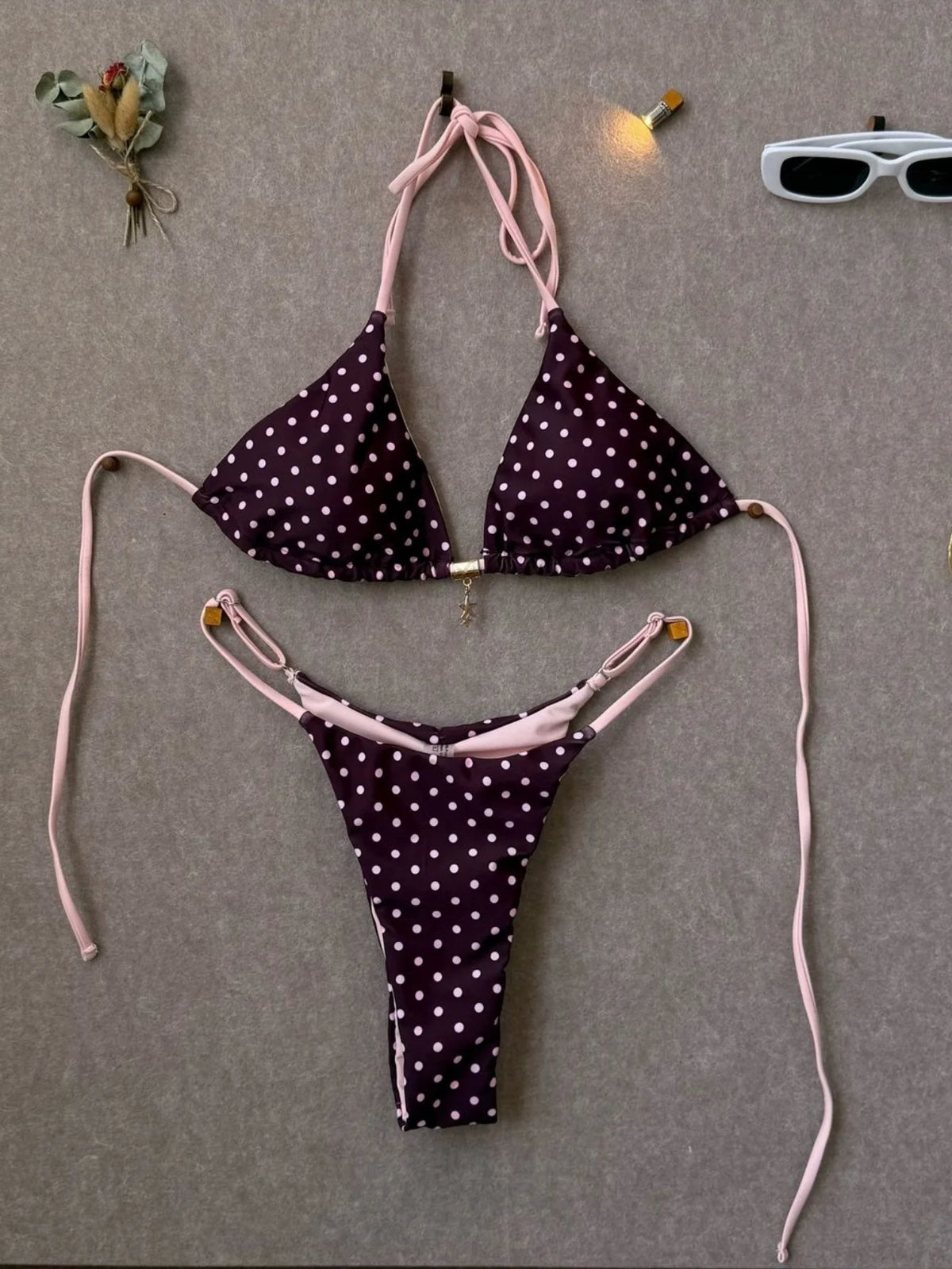 Sexy Pink Polka Dot Print Patchwork Micro Bikini 2026 Women Halter Push Up Bra Triangle Swimsuit Summer Bathing Suit Swimwear