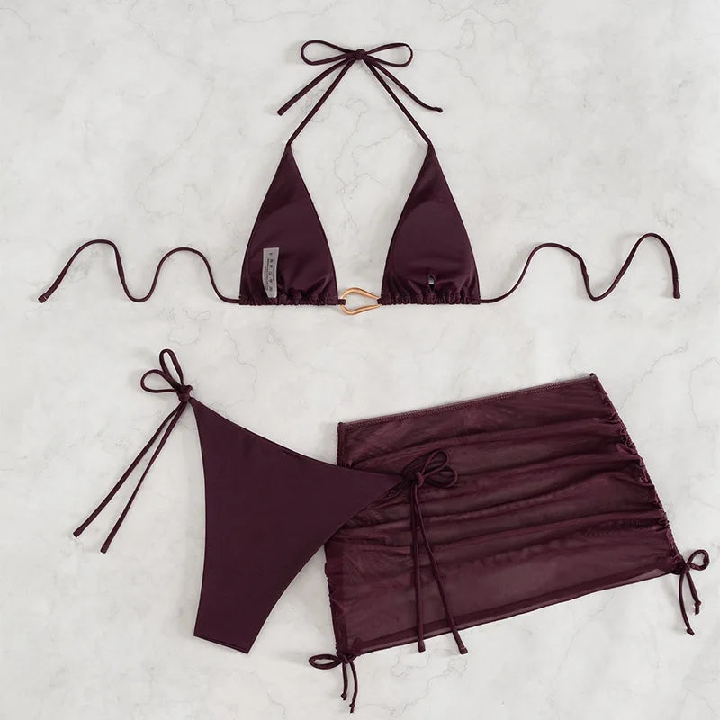 Sexy Wine Red String Bikini 2026 Women Three Pieces Swimsuit Brazilian Swimwear Female Beachwear Thong Bathing Suit Mini Biquini