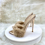 Super High Heels Summer Women Slippers Fur pointed toes Slip On Slides high heels 12cm sexy women sandals 33-4512cm