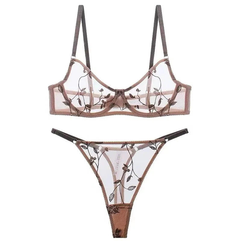 Women Mesh Underwear Set Sexy Lace Leaf Embroidery Bra Set French Ultra Thin Breathable Bralette Vintage Bras and T-back Sets