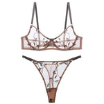 Women Mesh Underwear Set Sexy Lace Leaf Embroidery Bra Set French Ultra Thin Breathable Bralette Vintage Bras and T-back Sets