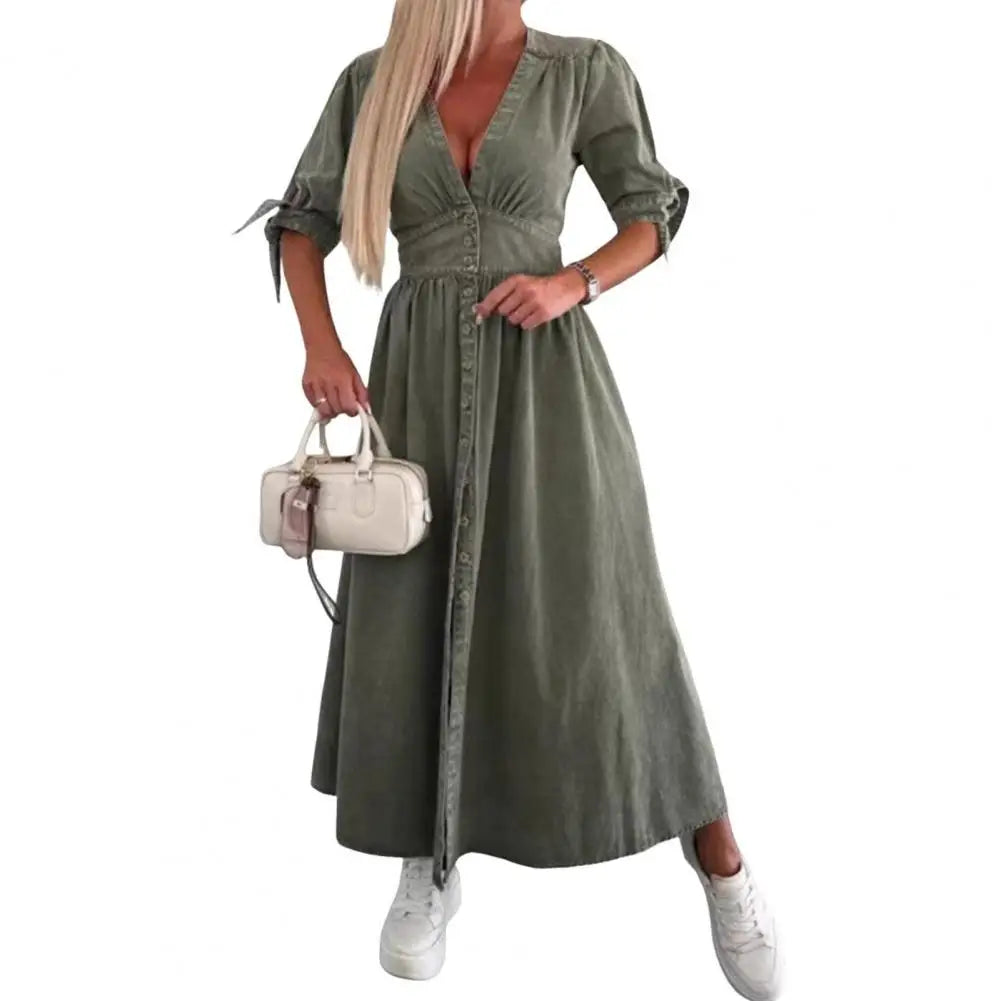 Women's Denim Long Dress Short Sleeve V-Neck Button Down Maxi Dress Casual Jean Dress for Spring Summer