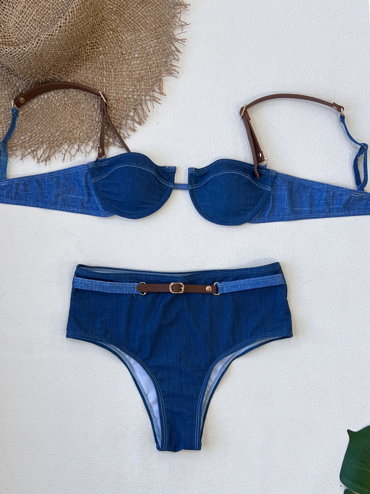 2025 Denim Bikini Set Cowgirl Style with Leather Straps Metal Buckles Perfect for Pool Parties Summer Getaways Poolside Glamour