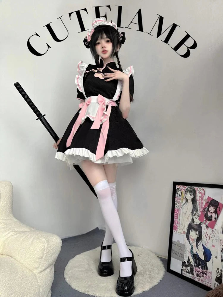 Cafe Lolita Dress Maid Costumes Cosplay Naughty Animation Show Sexy Waitress Outfit Exposed Chest Bow Ties Skirt Ball Gowns Plus