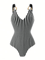 Vintage Black Striped Swimwear Skirts Set Women 2026 Metal Buckle Strap V Neck Slimming Bathing Suit Holiday One Piece Swimsuit