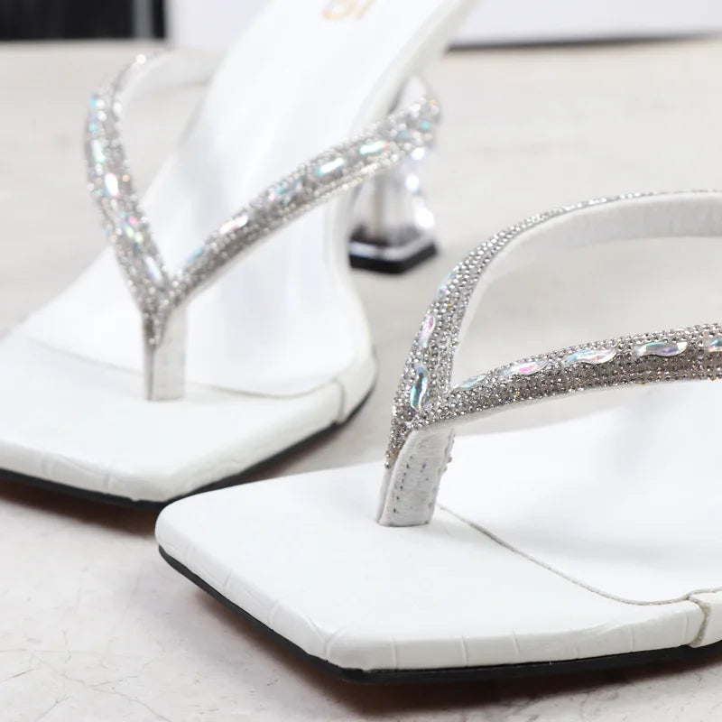 2025 Summer Flip Flops Crystal Slides Women 8cm High Heels Mules Crystal Glitter Block Low Heels Slippers Glitter Platform Shoes
