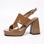 Beige Women French brown Sandals Square Toe 10cm Block Heels Platform Back Buckle Strap Plus Size 34-43 Sexy Dating Female Shoes