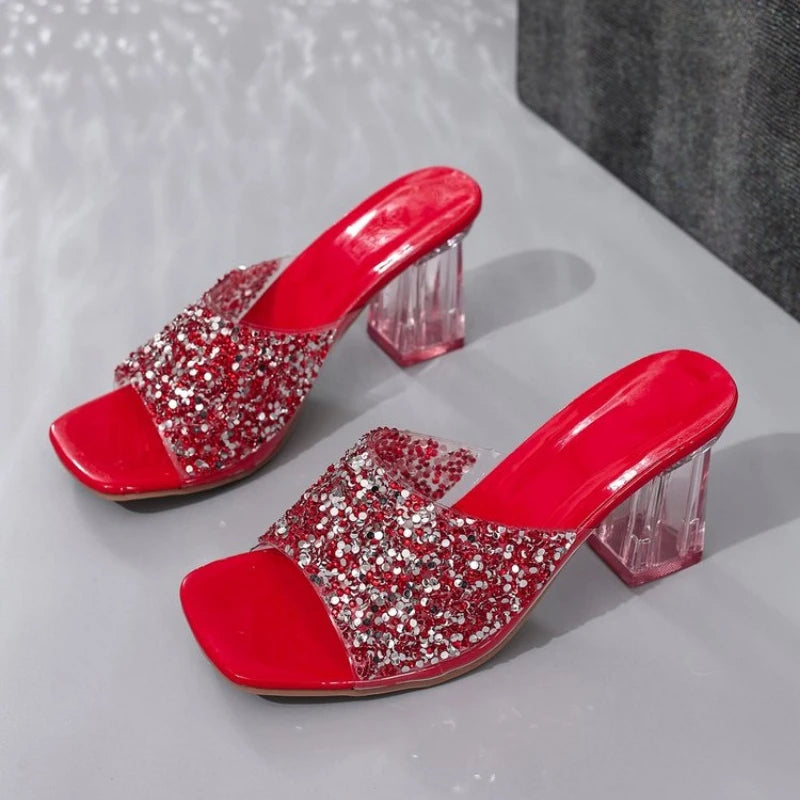 Crystal Luxury High Heels Shoes Women Sandals Square Toe Slippers Summer 2026 Sexy Chunky Beach Shoes Flip Flops Slides Mujer