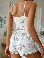 Women Summer Sleepwear Fashion Floral Print V Neck Cami Top and Lettuce Trim Shorts Pajama Set Loungewear Home Wear