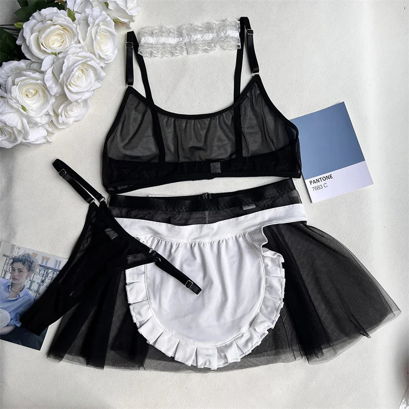 Maid Outfit Cosplay Mesh Lingerie Mesh Transparent Bra+Mini Skirt+Thongs Erotic Costumes Tempation Maid Uniforms Sexy Underwear